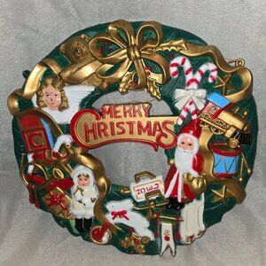 VTG Christmas Wreath Merry Christmas Multicolor w/accents hard-molded plastic